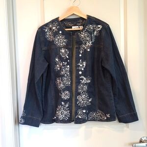 Chico's Jean Jacket Women's Large Metallic Floral Embroidery with Gemstones